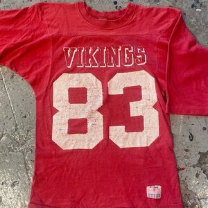 Vintage 1970s Champion Minnesota Vikings 83 Football Tee Red Distressed USA Made